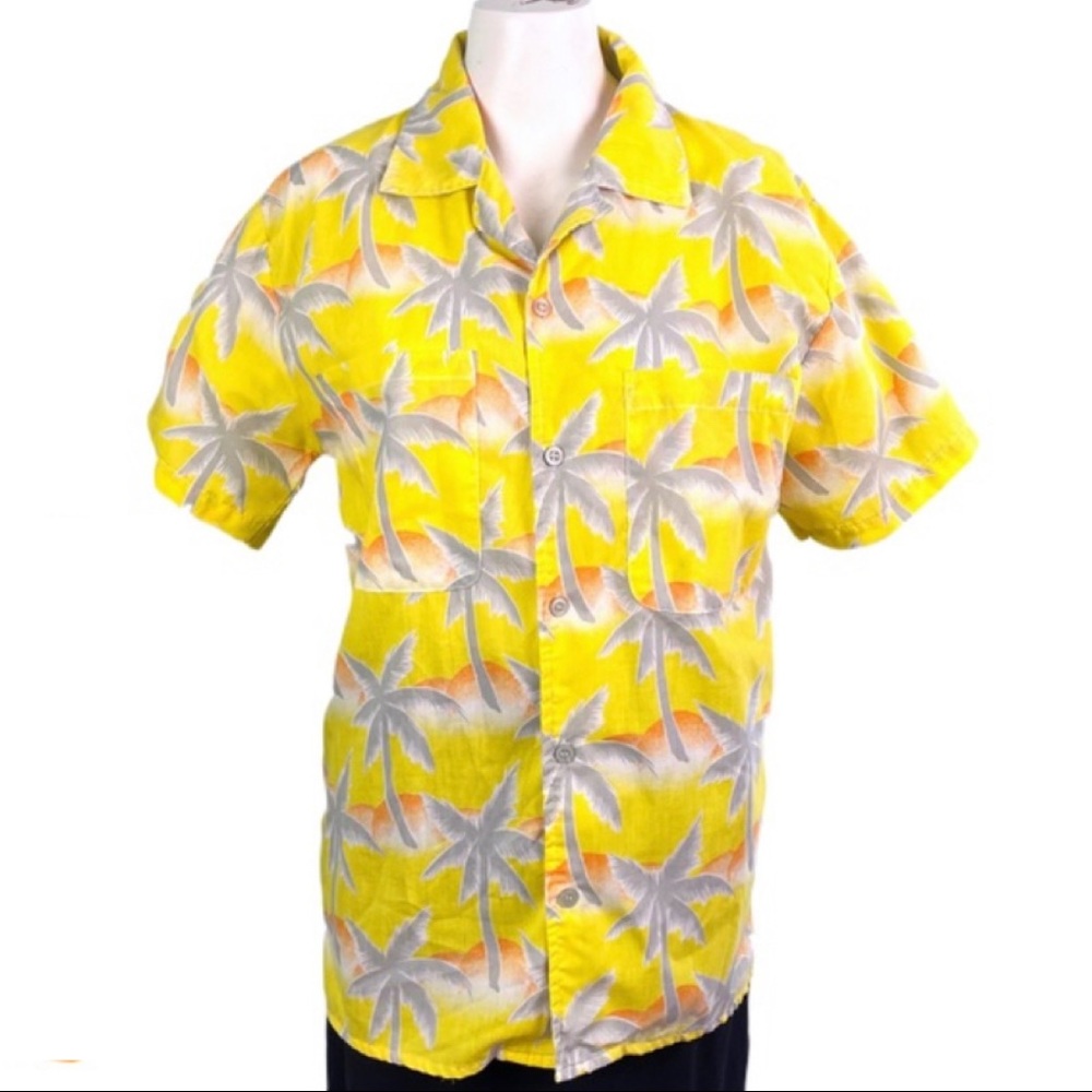SALE VINTAGE Tropicana button down Hawaiian Print Aloha Shirt Yellow palm tre…